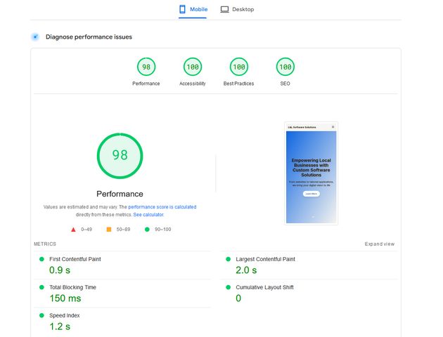 Google PageSpeed Insights showing perfect scores